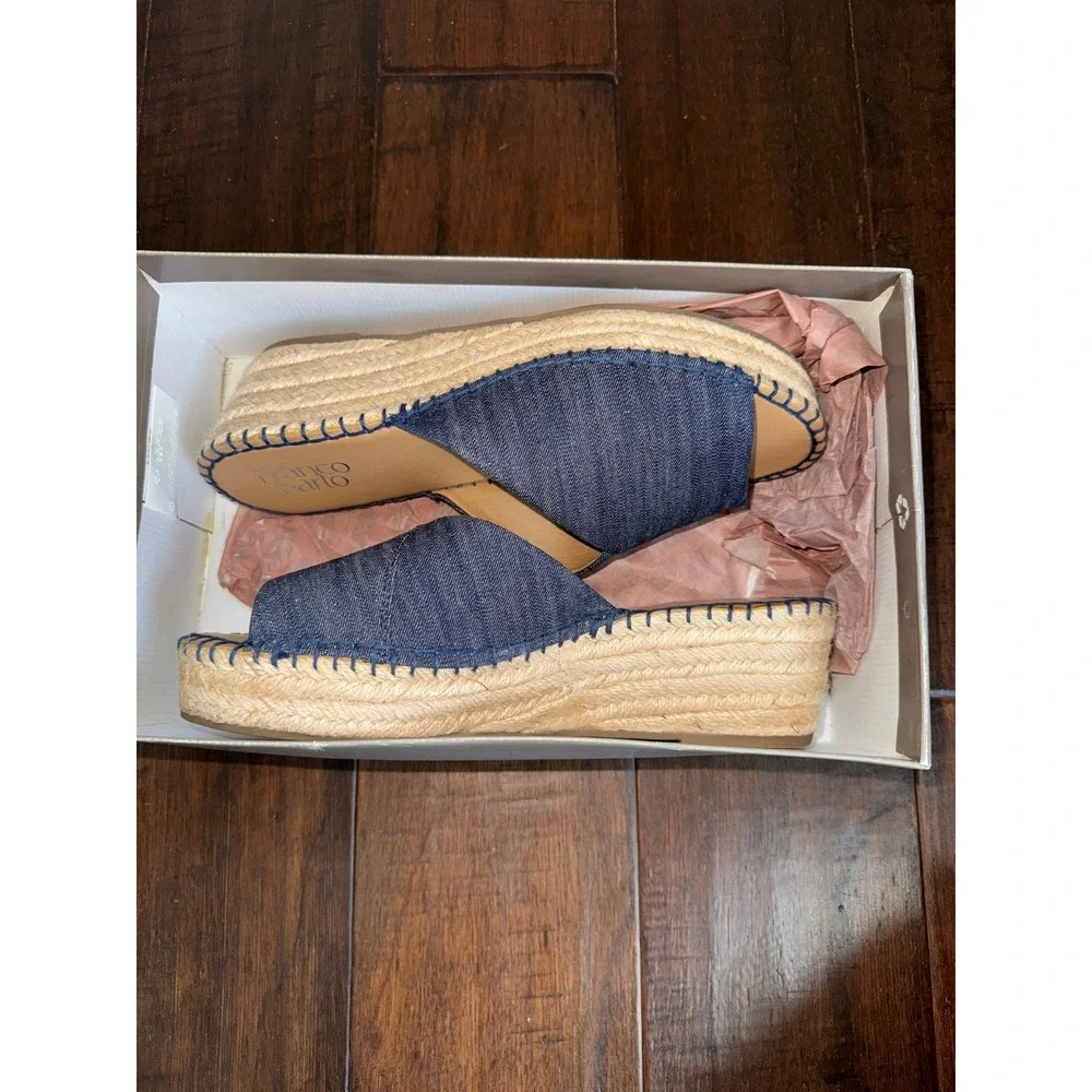 Franco Sarto Denim Espadrille Wedge Sandals‎ Mule Blue Wide 8.5W Resortwear NWT